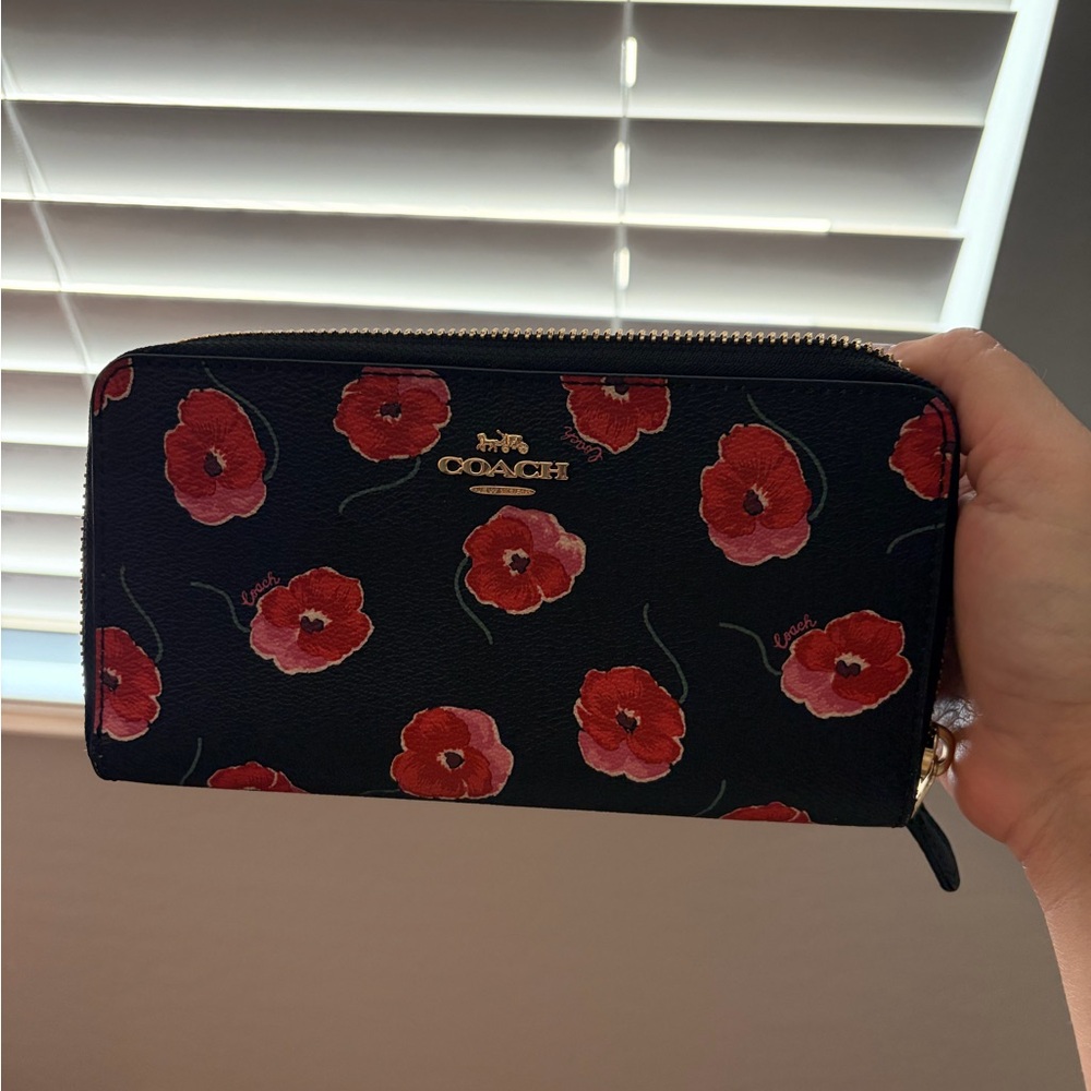 Coach Black Zip Wallet with Red Floral Print